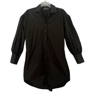 MONICA NERA Long Sleeve Poplin Button Front Shirt Dress Pockets Black Size Small